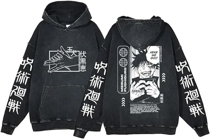 Washed Vintage Hoodie Spell Return to War Anime Surrounding Printed Hoodies for Men and Women