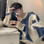 Autumn O-Neck Knit Sweater for Men Cow Patchwork Pullover Men Loose Casual Harajuku Korean Fashion Mens Oversized Sweater
