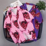 Mens Summer Devil Print Fashion Shirts Casual Short Sleeve Beach Tops Purple And Pink Loose Casual Unique Charm Shirt