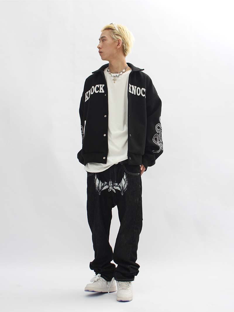 Occidental High Street Vibe Skull Head Printed Jeans Mens Fashion Loose Small Design Straight Pants