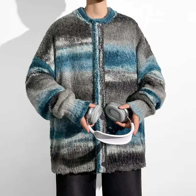 Y2K Mens Clothing Autumn Winter Fashion Loose Knitting Cardigan Sweater For Men Casual Long Sleeve Crew Neck Knit Jacket Coats